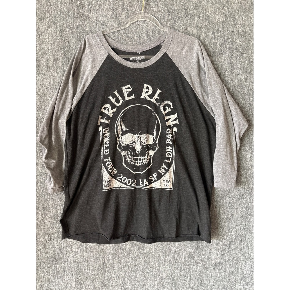True Religion Mens Skull World Tour Raglan Baseball Tee Grey XXL 3/4 Sleeve